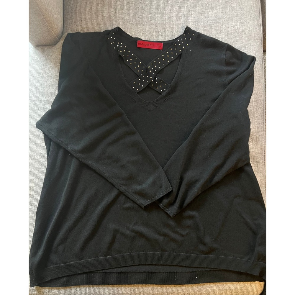 LOVE SCARLETT Womens Black Embellished Criss Cross V Neck Sweater Plus Size 1X